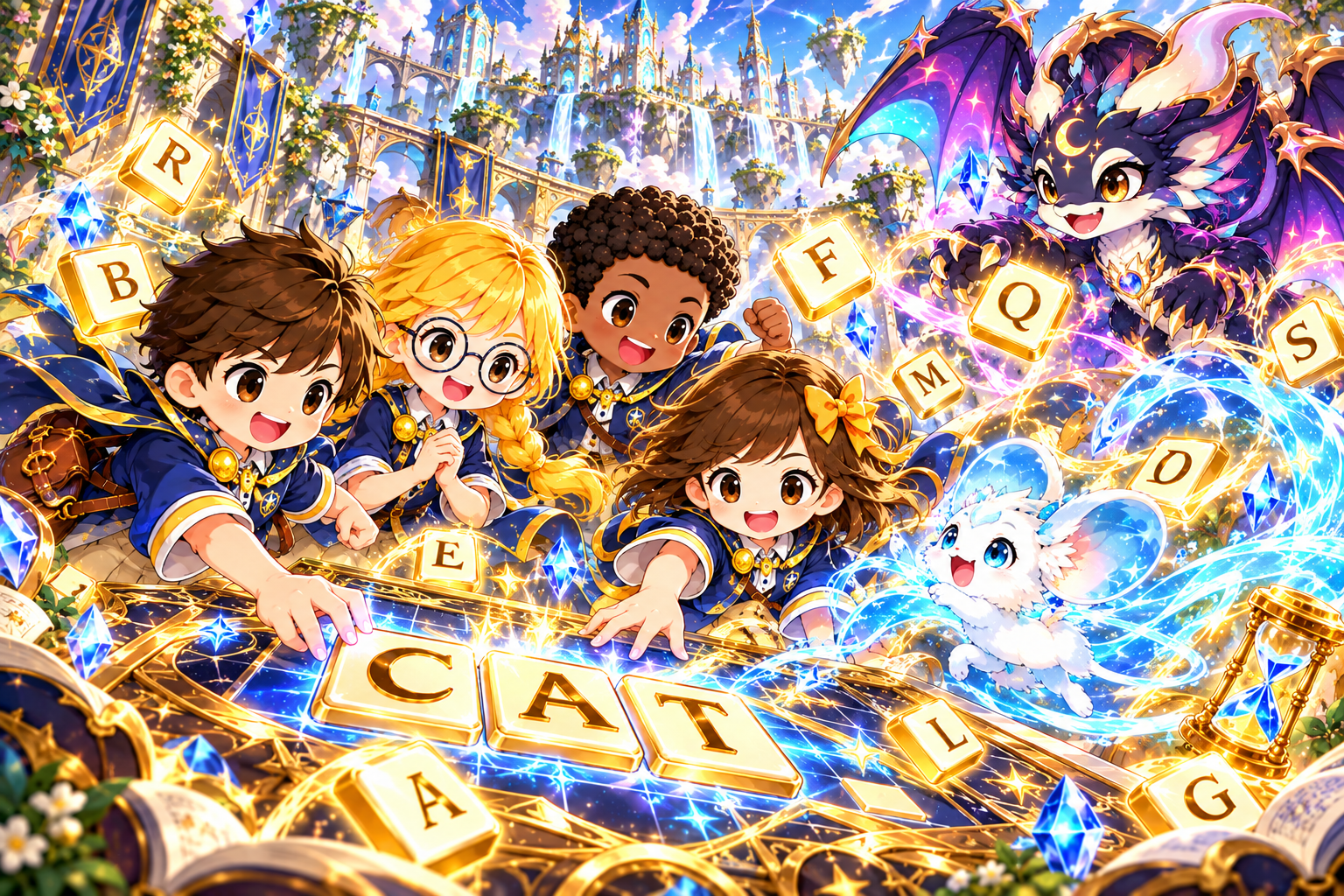 School adventurers and pets battling with English word tiles