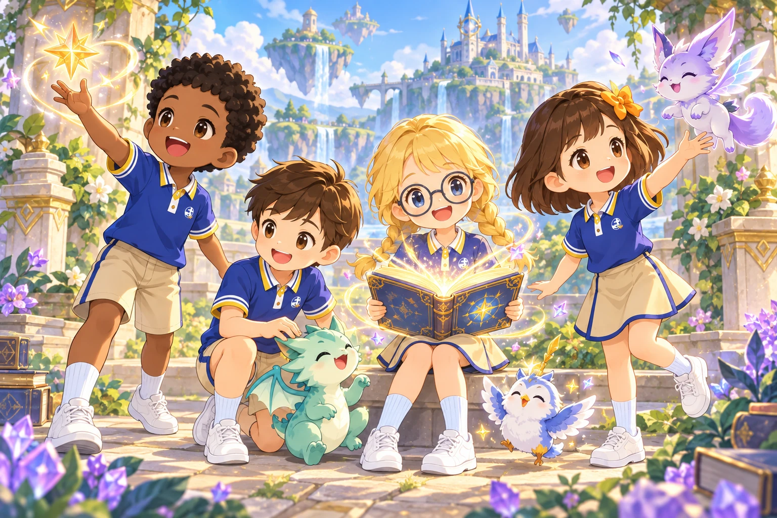 Four school adventurers in Pui Yan uniforms playing with magical companions around a glowing storybook