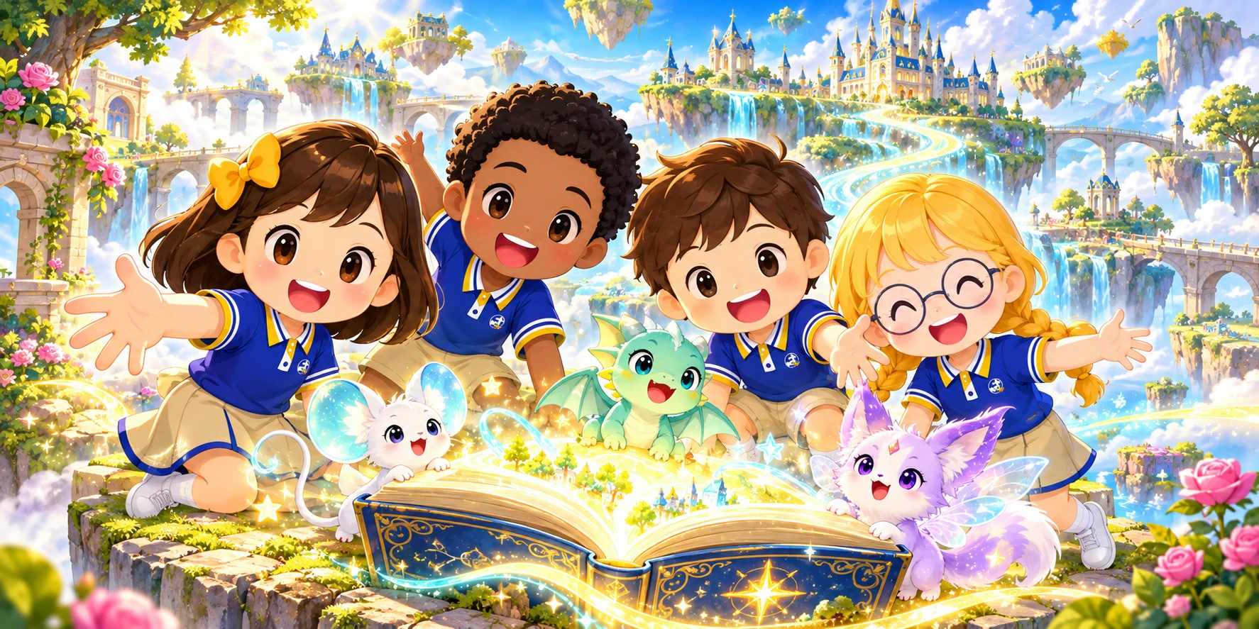 Our four school adventurers welcome you with their magical pets and a glowing storybook